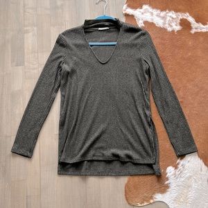 Dark Olive Green LUSH Sweater with chocked collar and side slits